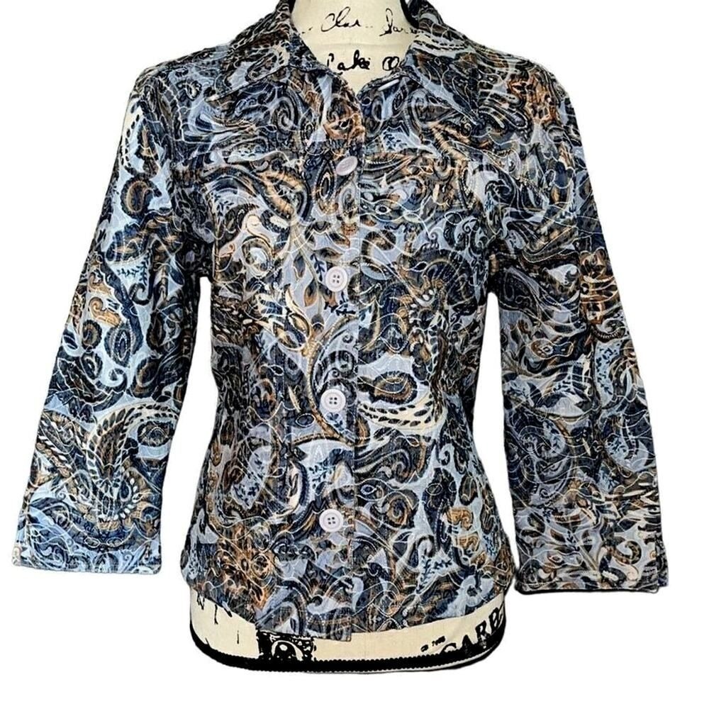 Rebecca Malone Petite Blue Paisley Button Front 3/4 Sleeve‎ Jacket PXL